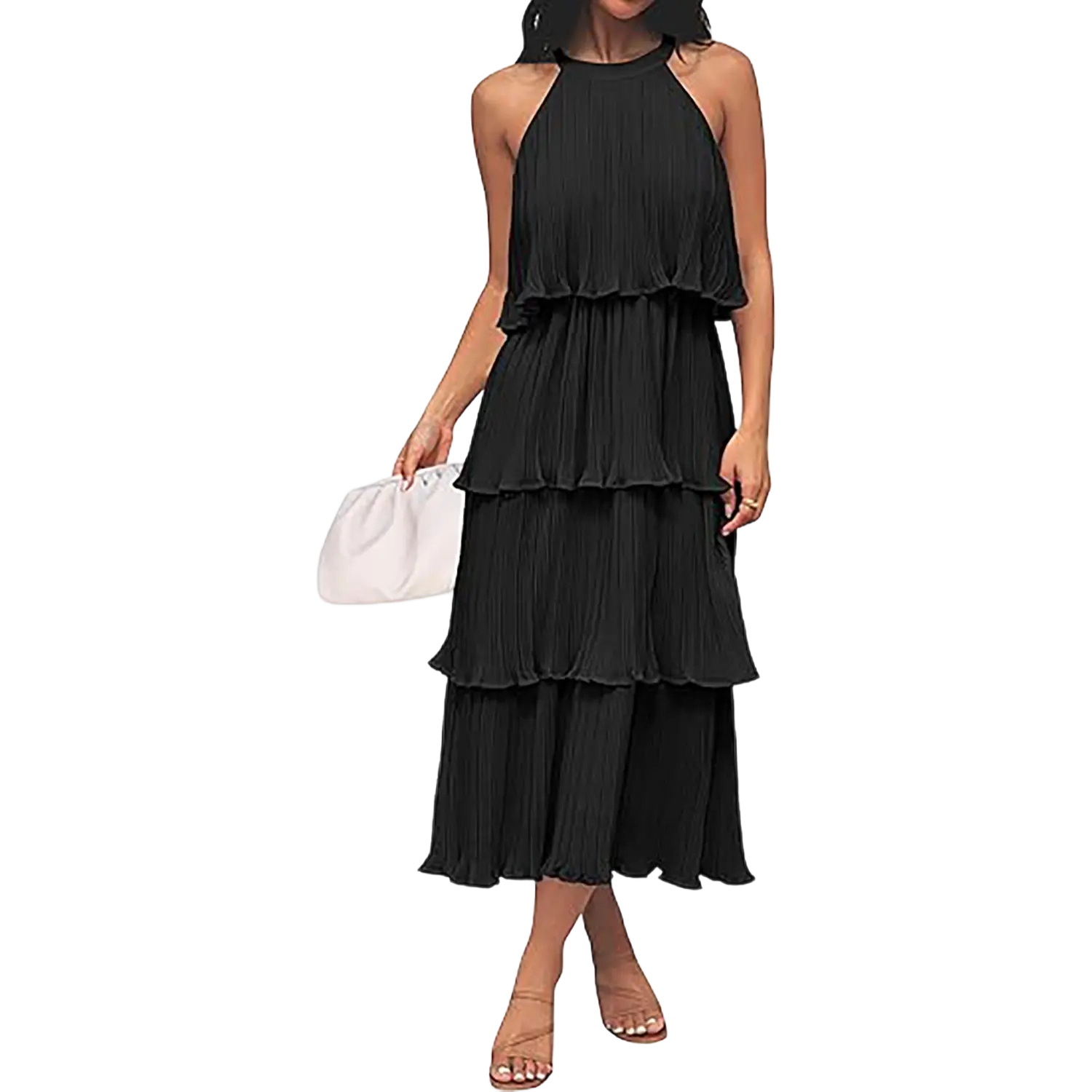 ✨Women's 2026 Summer Sleeveless Halter Neck Ruffle Tiered Layed Chiffon Flowy Swing Long Midi Dress