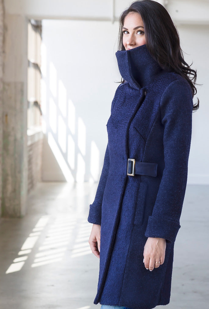 NAVY WAVE COWL NECK COAT