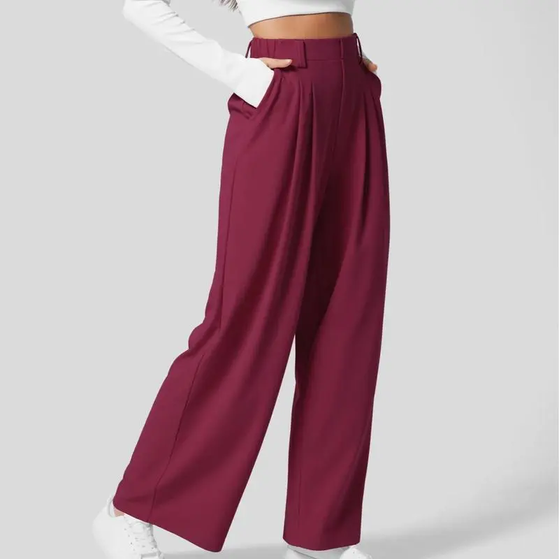 High Waisted Plicated Side Pocket Wide Waffle Work Pants