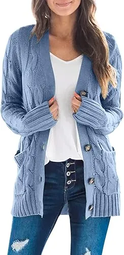 Women's Fall Casual Long Sleeve Button Down Open Front Cable Knit Cardigan