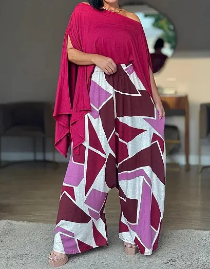 Women's Casual Solid Top & Printed Pants Set – Effortless Everyday Style