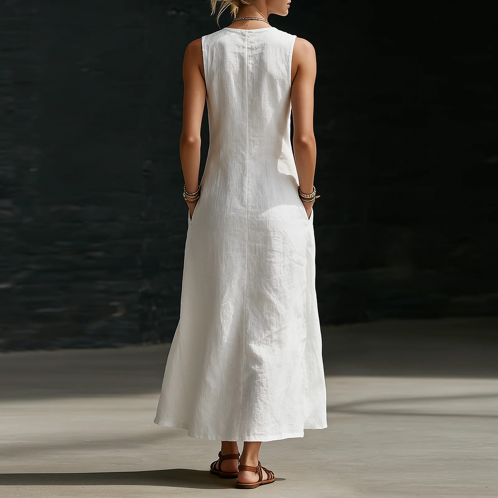 Boho Linen Maxi Dress - Perfect for Beach, Vacation & Brunch! Sleeveless V-Neck Button Detail Casual Dress with Pockets # SleevelessDress