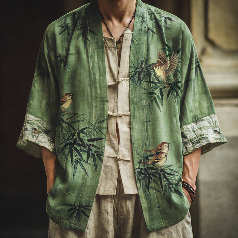 Men's Japanese Bamboo And Bird Art Pattern Linen Blend Kimono Cardigan