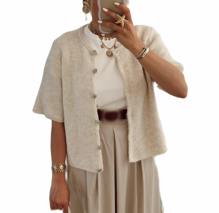 Women's  Knit Cardigan – Half Sleeve, Solid Color, Button-Up, Lightweight Knitwear for Daily Wear