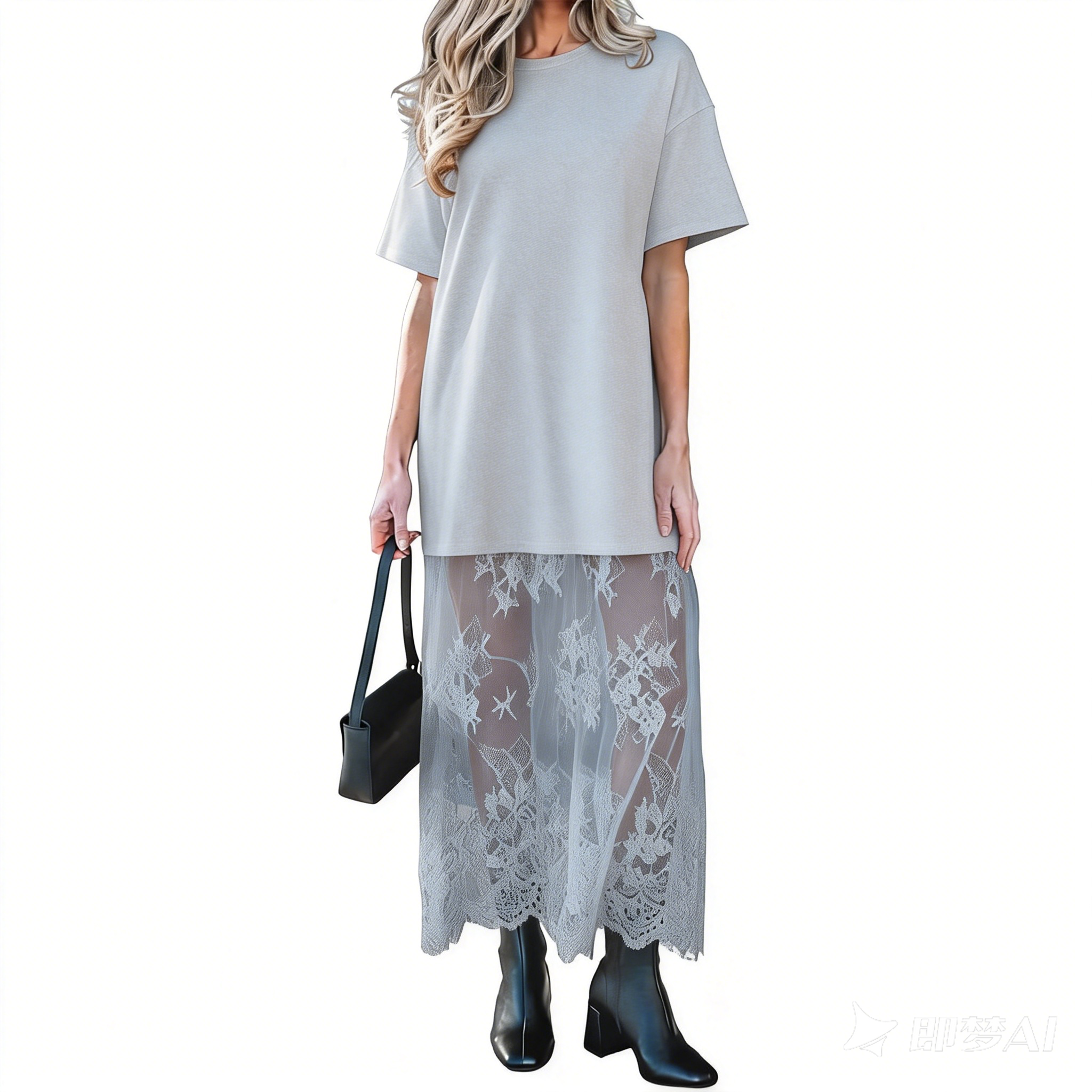 Women's Oversized T-Shirt Maxi Dress Sheer Lace Hem Drop Shoulder Short
