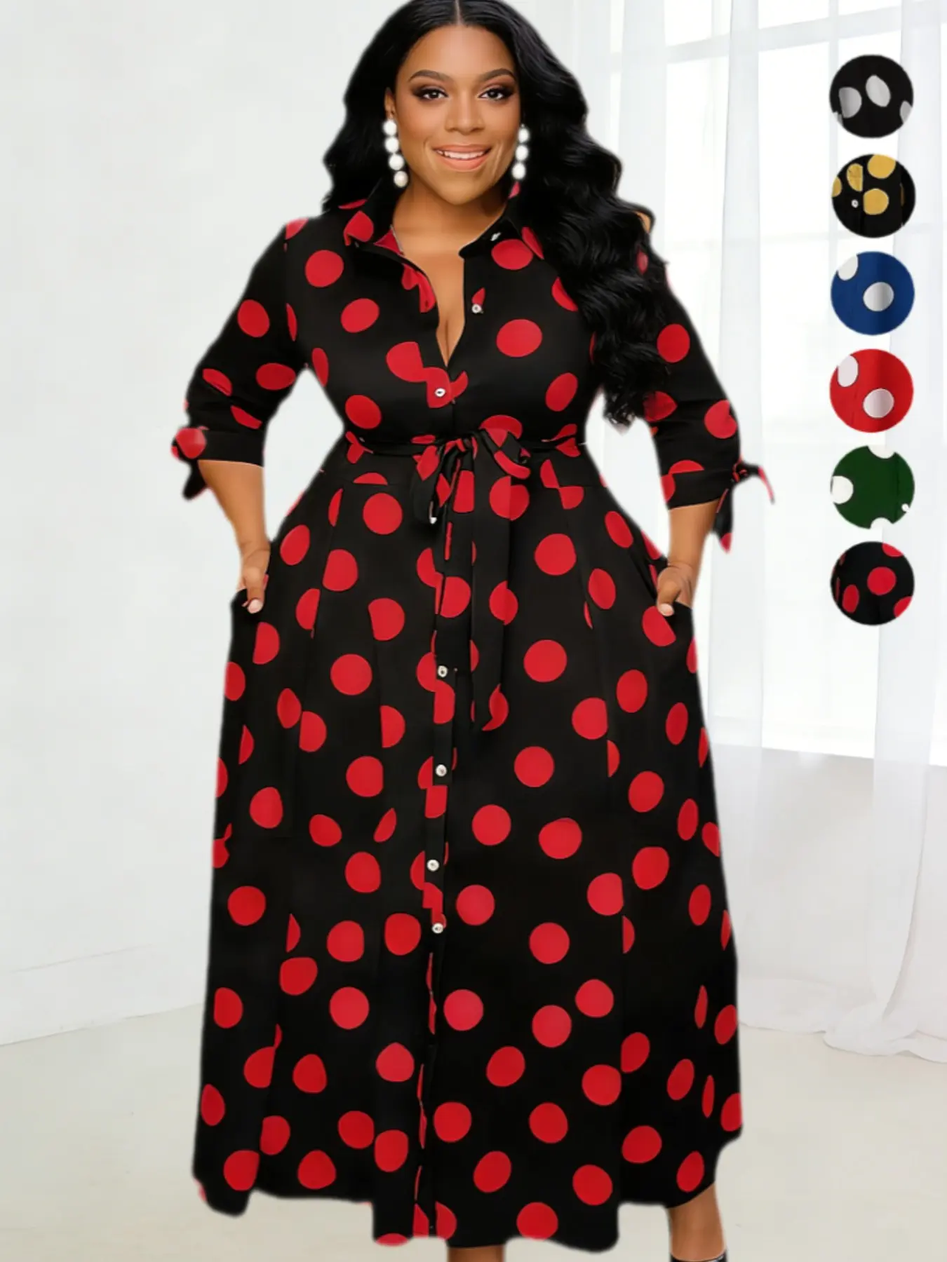 Plus Size Polka Dot Print Belted Button Front Shirt Dress