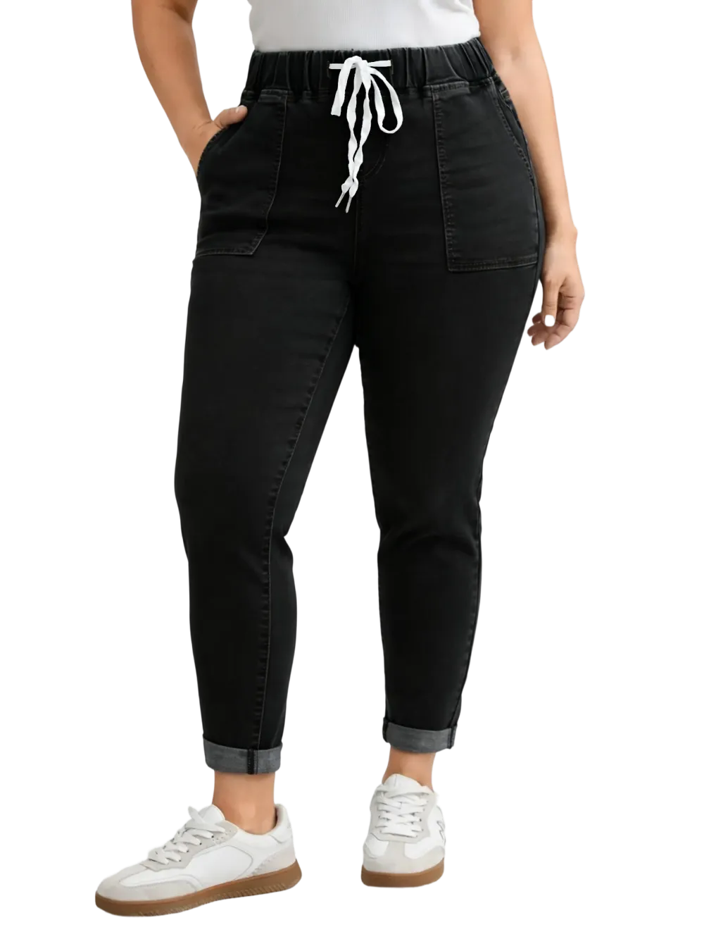 2026 Drawstring Elastic Waist Roll Hem Jeans