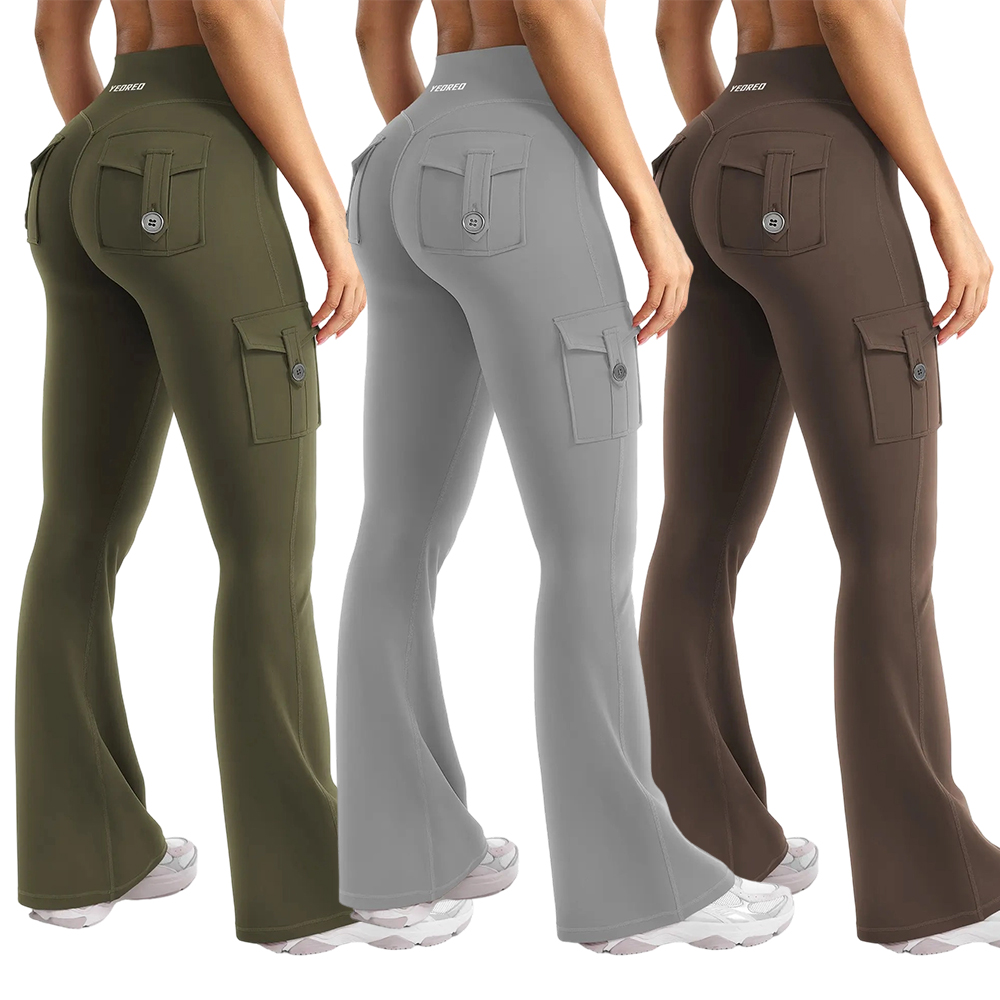 Women's Workout Flare Leggings with Pockets Hidden Scrunch High Waisted Cargo Gym Yoga