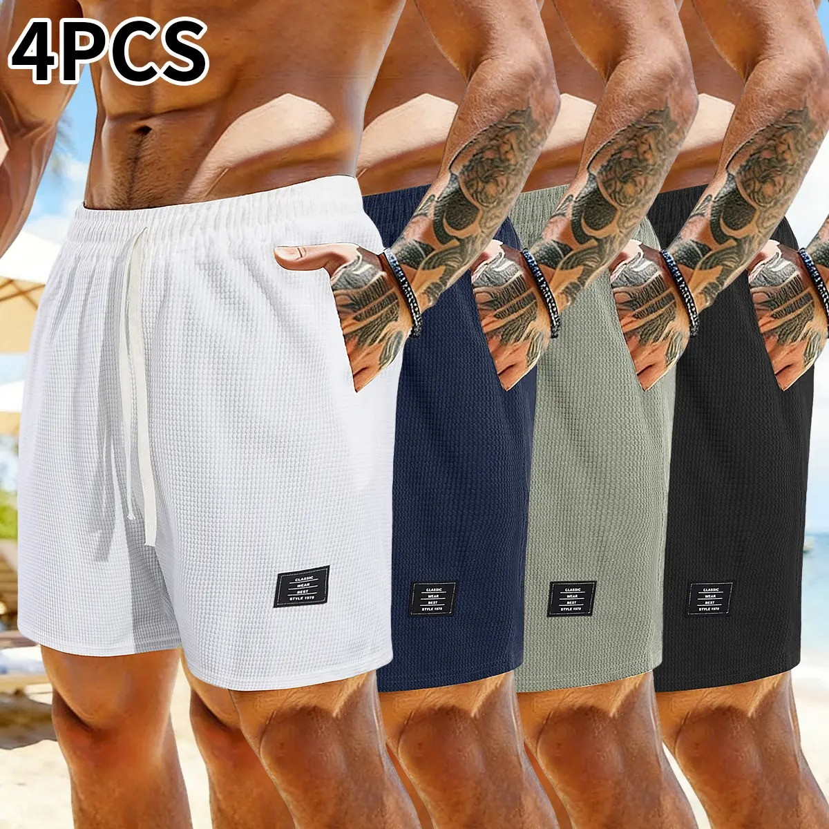 Pack of 4 corduroy shorts, solid color, men’s casual shorts with side pockets and a drawstring elastic waistband