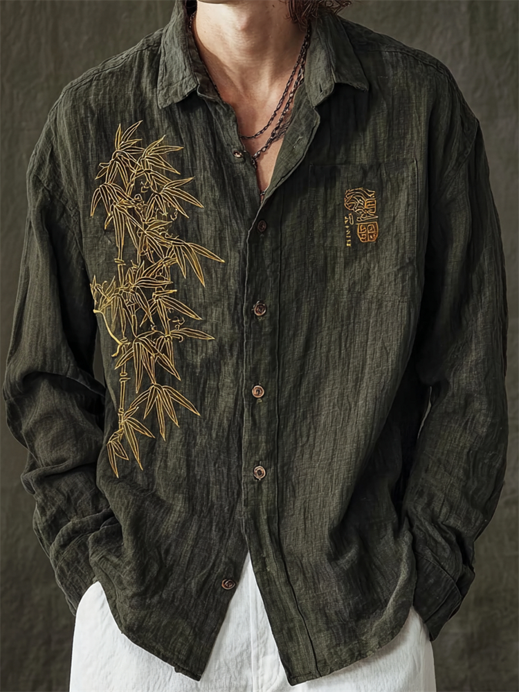 Men's Japanese Bamboo Golden Embroidered Linen Shirt