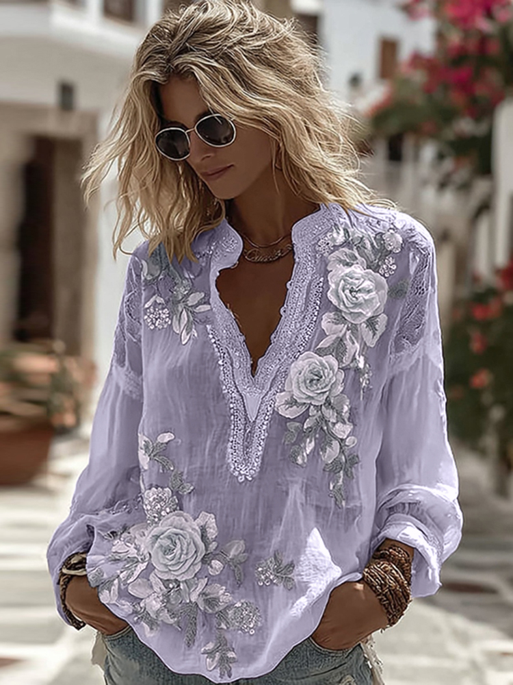 Women's Vintage Floral Embroidery Art Comfy Linen Shirts