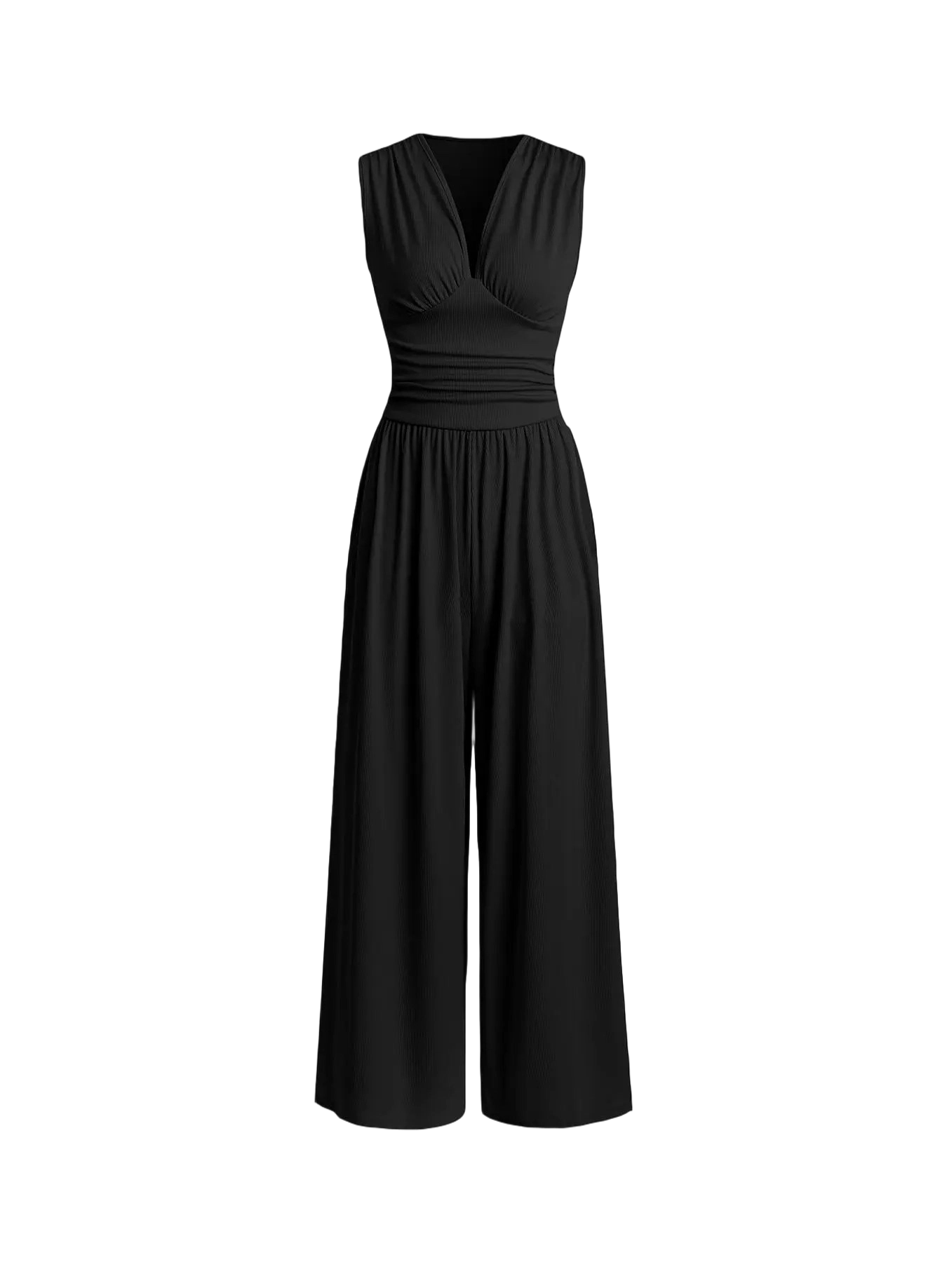 Women's Plain Ruched Deep V Neck Ribbed Fitted Jumpsuit, Elegant Sleeveless Wide Leg Jumpsuit for Summer