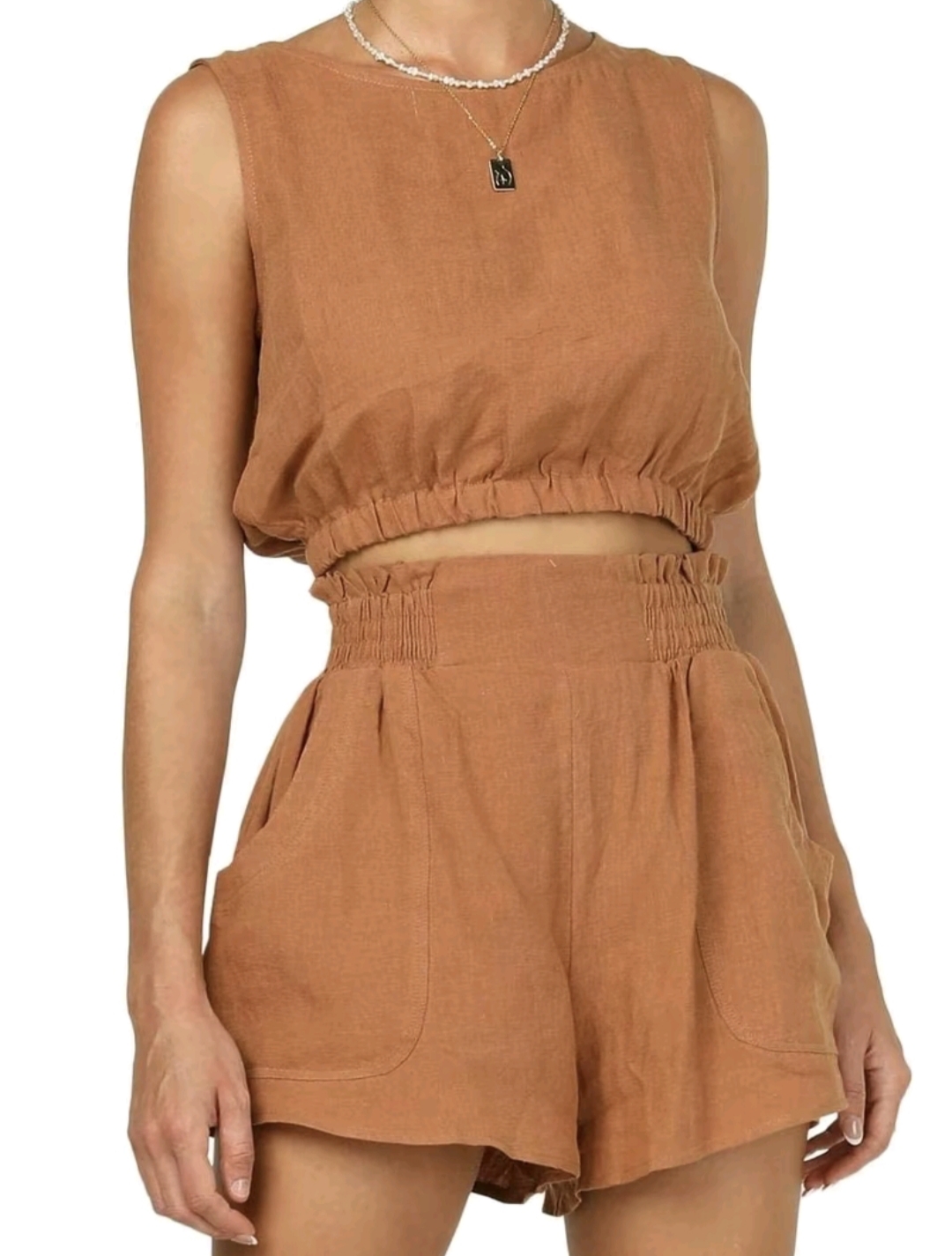 FISOEW Women's 2pcs Summer OutfitsSleeveless Crop Tank Top and High WaistPocketed Shorts Loose 2 Piece Short SetsClothes Suit 2 piece sets women CasualWomenswear Shirts Vest Cropped Breathable