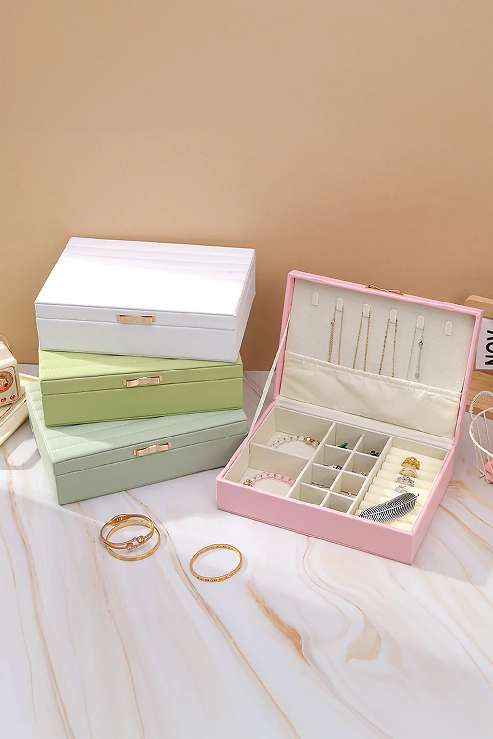 Grass Green Simple Stitched Detail PU Jewelry Organizer