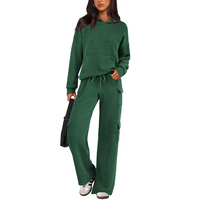 Women's Fall Knitted Hoodie Tracksuits Wide Leg Pants With Pocket Sets