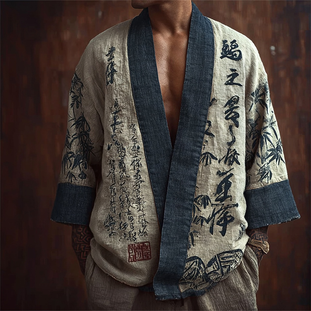 Men's Vintage Japanese Bamboo Calligraphic Art Linen Kimono