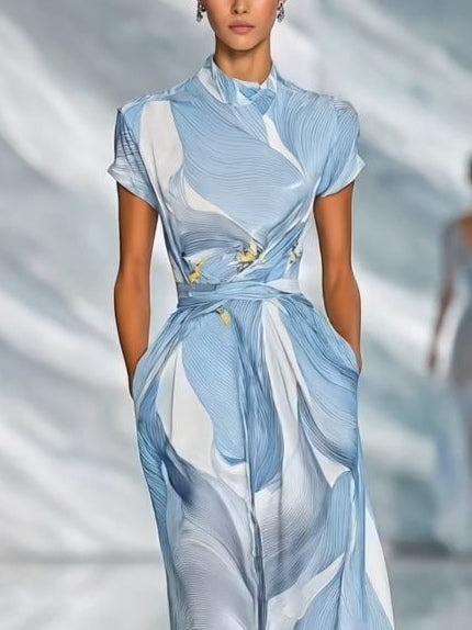 Blue abstract print short-sleeved chiffon dress