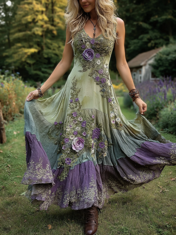 Classy Gradient Purple Lavender And Floral Embroidered Linen Maxi Dress