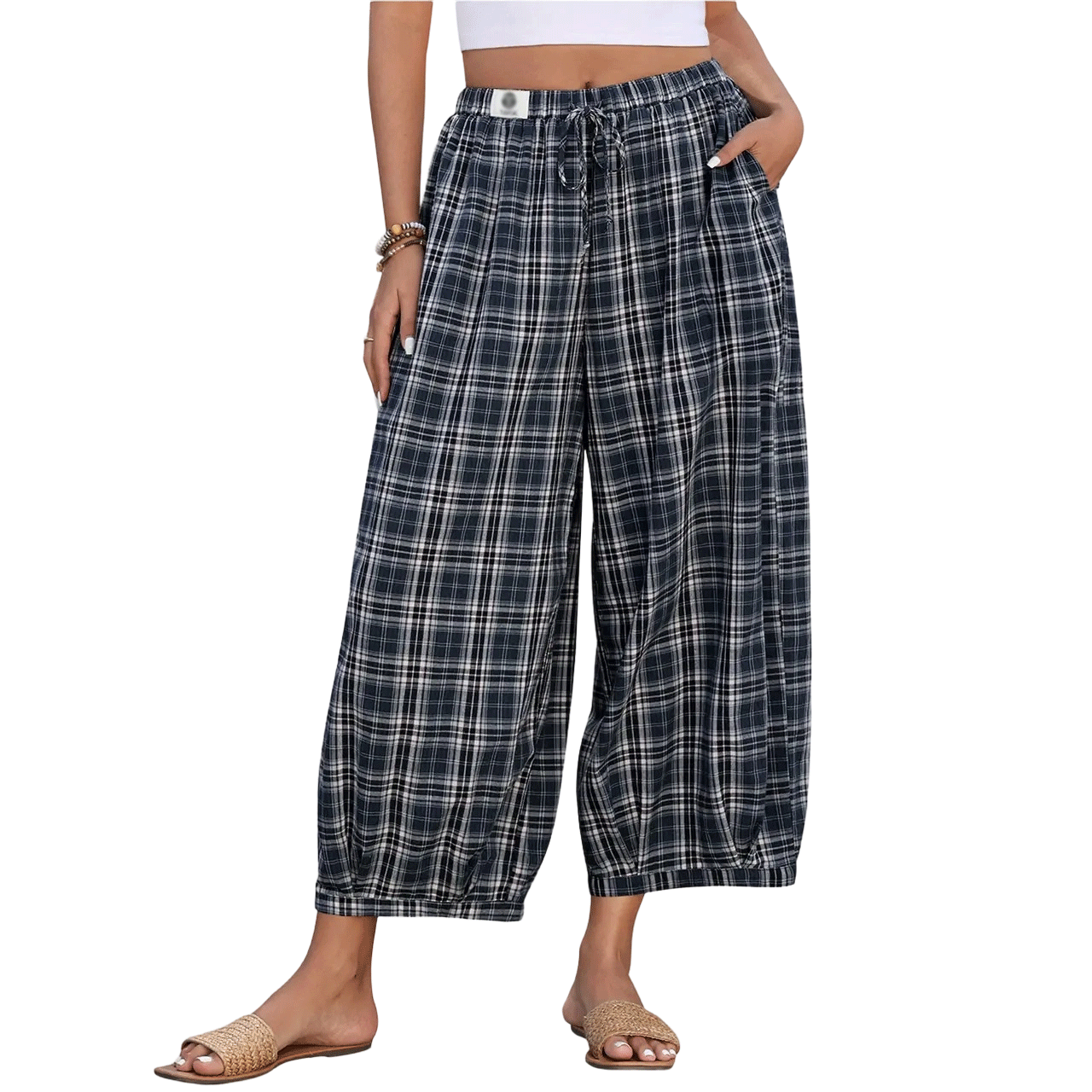 Women's Cotton Linen Wide-Leg Boho Pants with Pockets