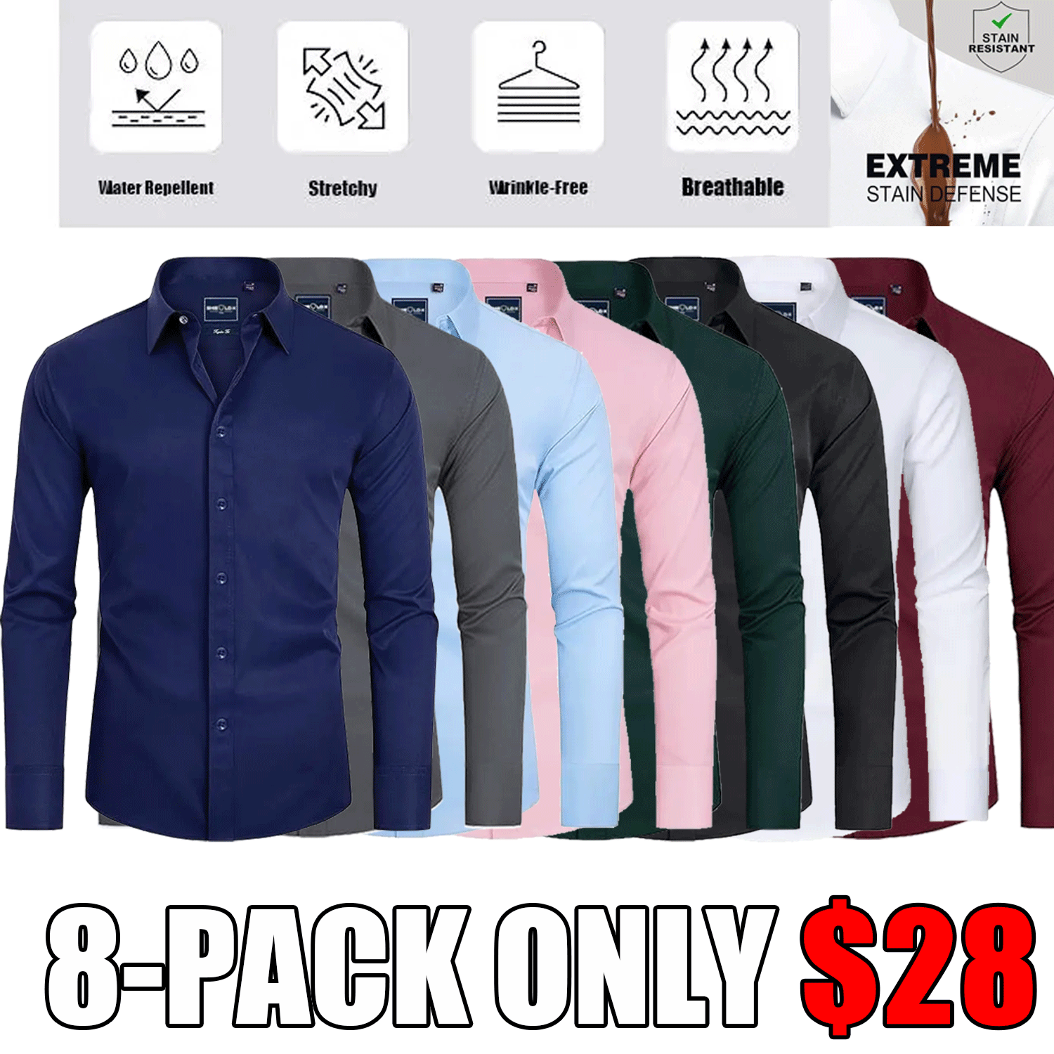 Men's Slim Fit Stain-Resistant Dress Shirts – Long Sleeve Button
