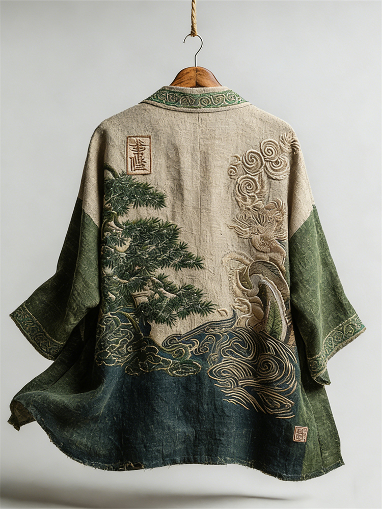 Japanese Pine Trees Sea Waves Contrast Linen Kimono