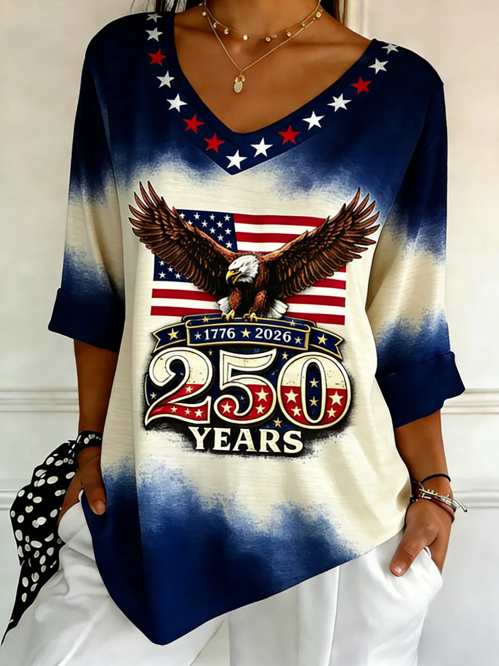 250 Years 1776-2026 Eagle Ombre V-Neck Top