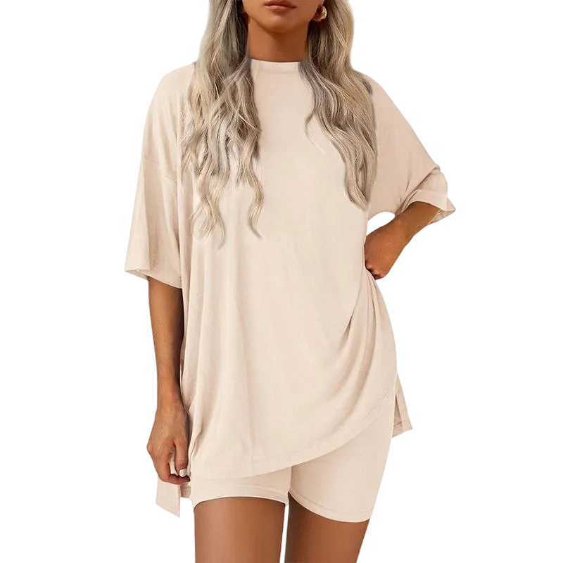 Women's Casual Oversized Crewneck Split Hem Shirts & Side Pocket Shorts Set