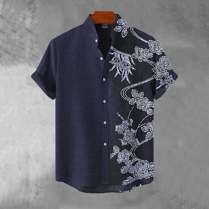 Japanese Art Print Flowers Casual Cotton Shirt