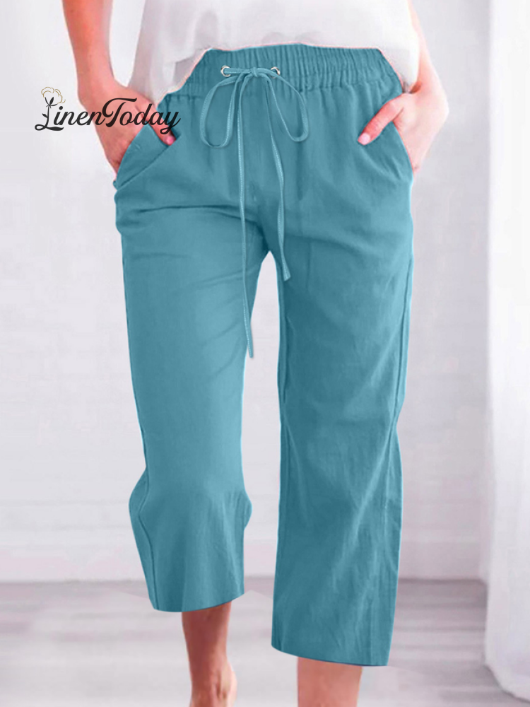 Women's Casual Summer Linen Pants High Waisted Loose Yoga Sweatpants Crop Pants with Pockets