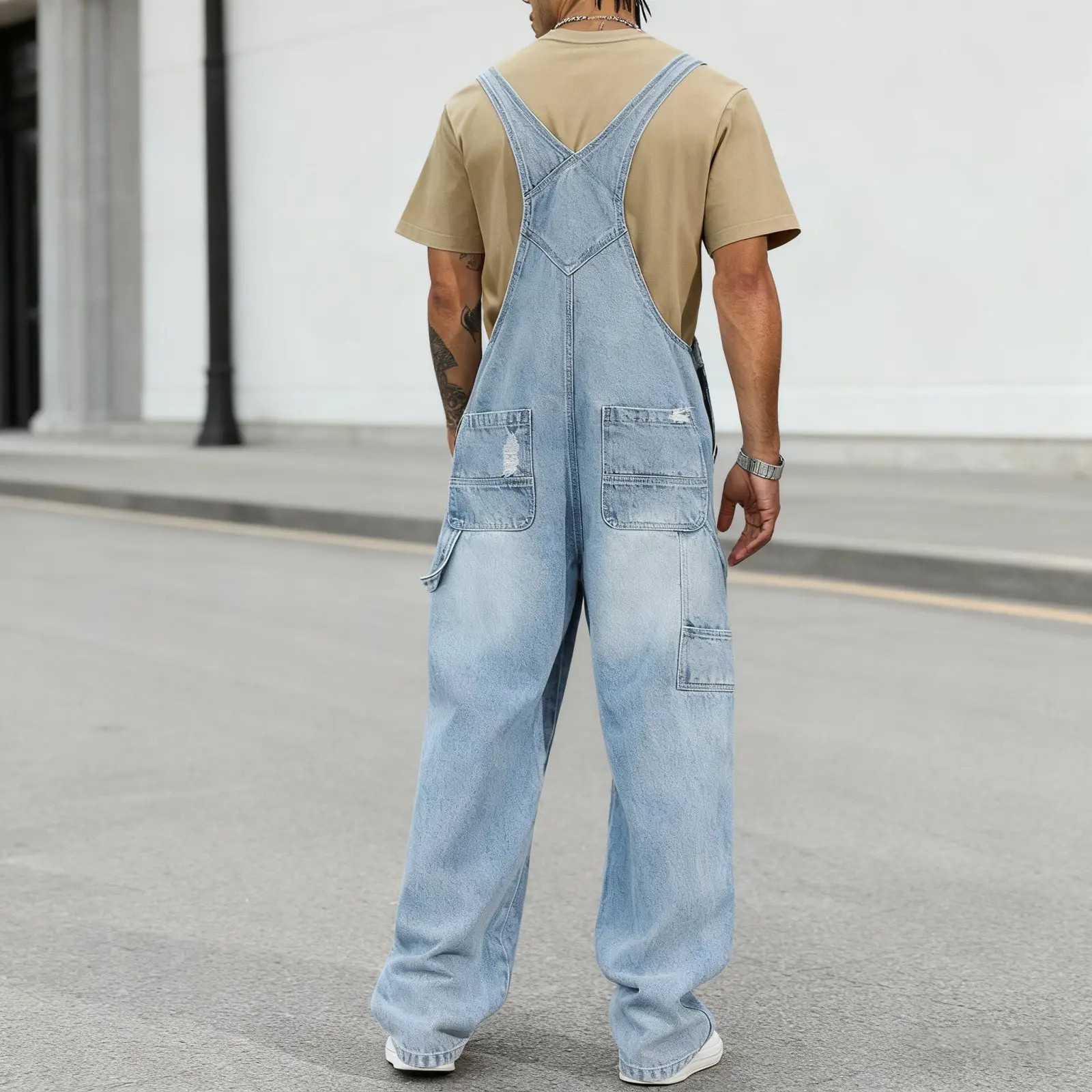 Spring Men's Letter Print Distressed Casual Versatile Denim Bib Overalls Hang