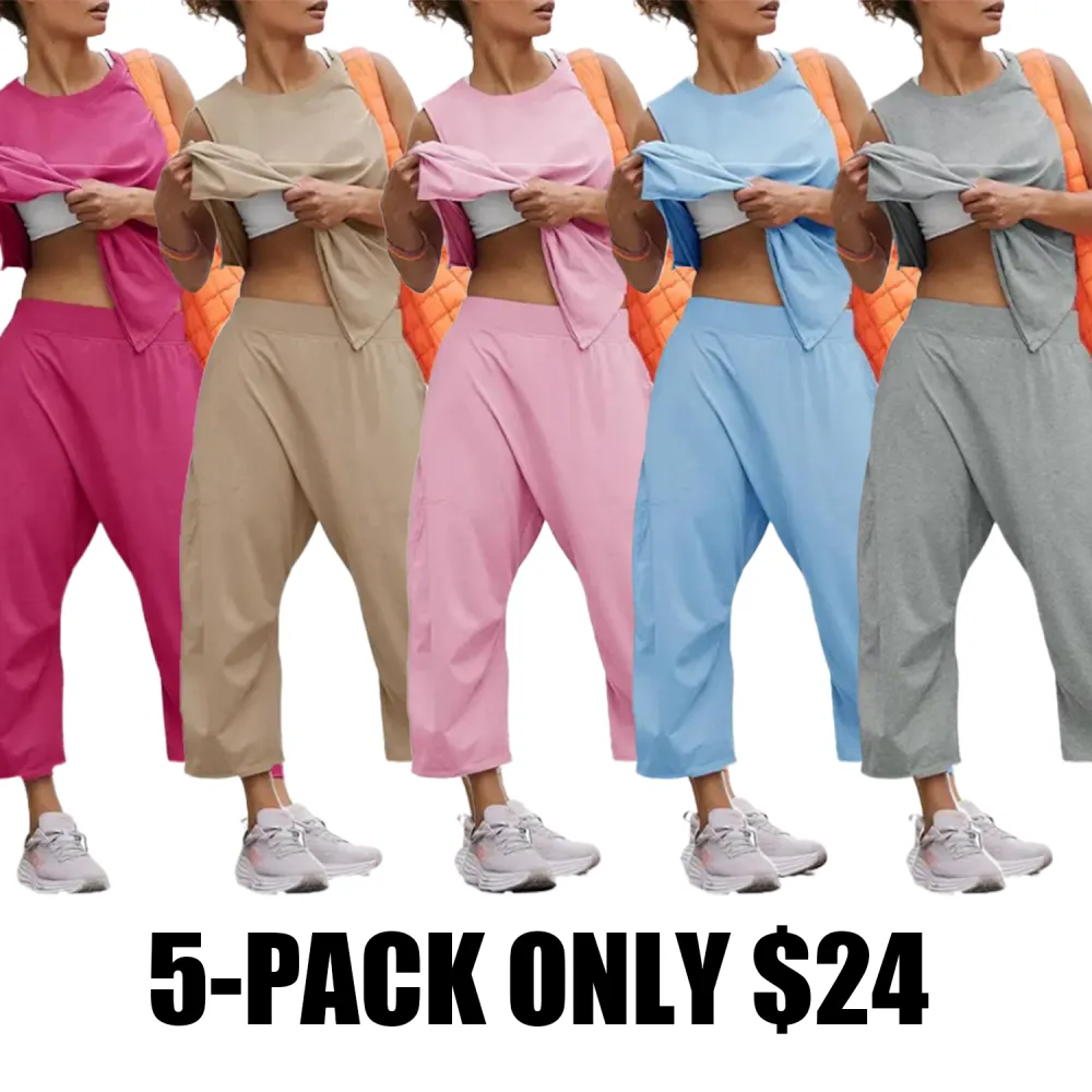 Fisace Women's Summer 2-Piece Outfit – Sleeveless Tank Top & Wide Leg Pocketed Pants Workout Sweat Set