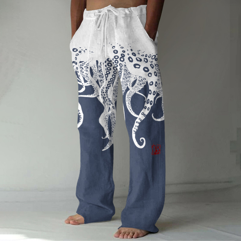 Vintage Japanese Art Octopus Legs Print Casual Linen Blend Pants