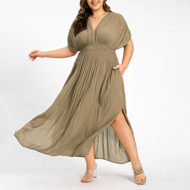 Plus Size Summer V-Neck Batwing Sleeve Maxi Dress with Ruched Waist