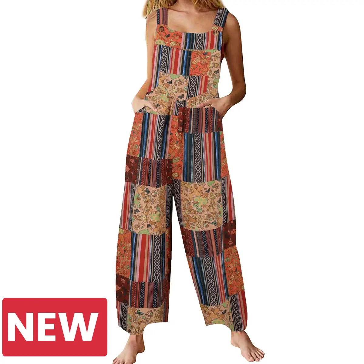 Tanming Women's Patchwork Dual Pocket Jumpsuit Loose Floral Print Bohemian Wide Leg Bib Overall Springfresh