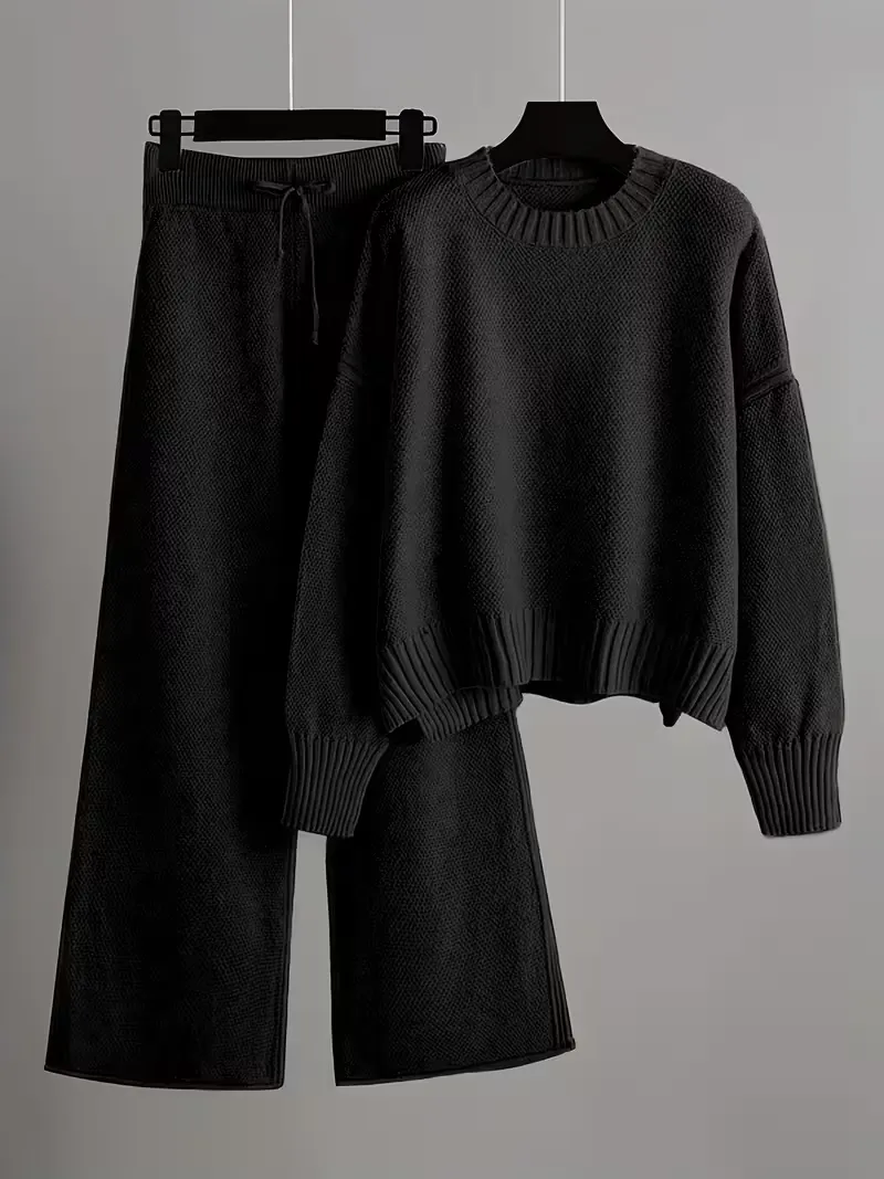 Elegant Seed Stitch Knit Sweater & Wide-Leg Pants Two-Piece Set