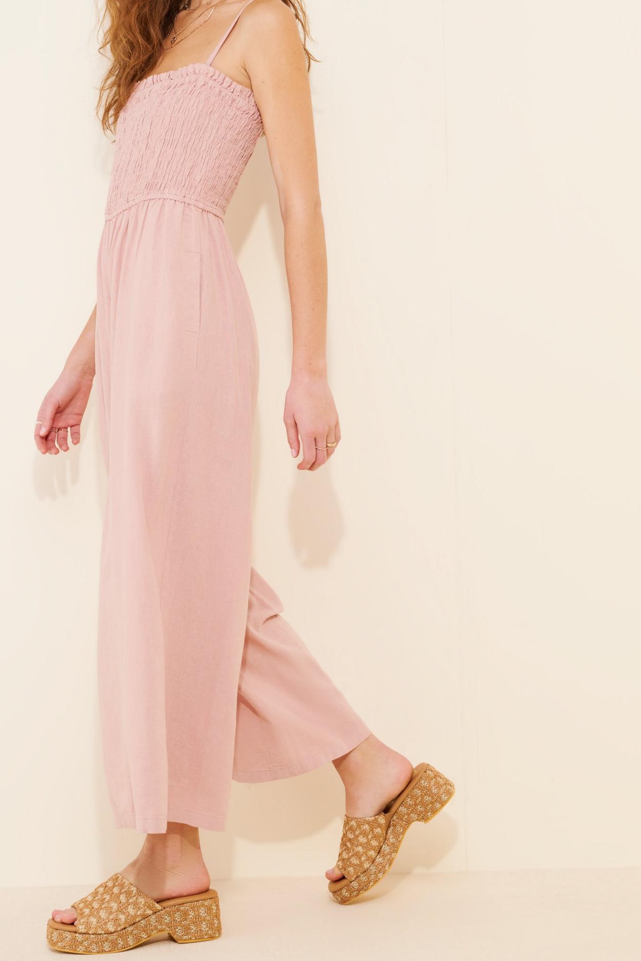 Smocked Linen Blend Wide-Leg Jumpsuit