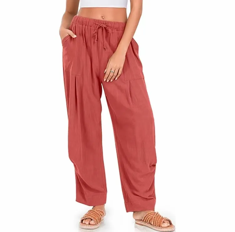 🧺 Women's Linen Harem Pants – Summer Drawstring Wide-Leg Lounge Trousers with Pockets
