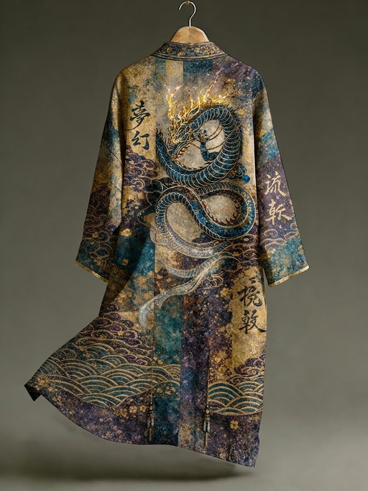 Men's Vintage Japanese Calligraphy Dragon Art Pattern Linen Blend Long Kimono