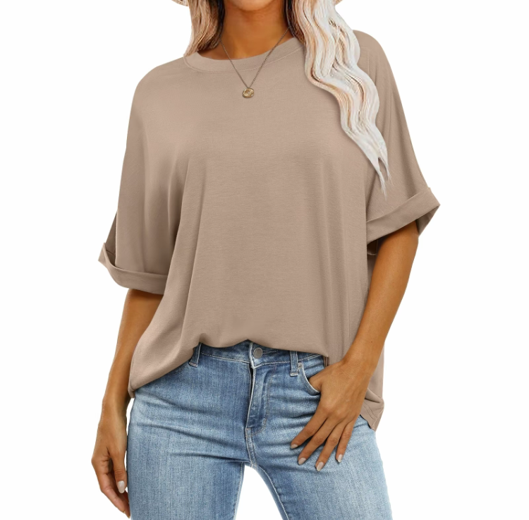 2025 Women's Oversized T-Shirt - Crewneck, Short Roll Sleeves, Relaxed Fit