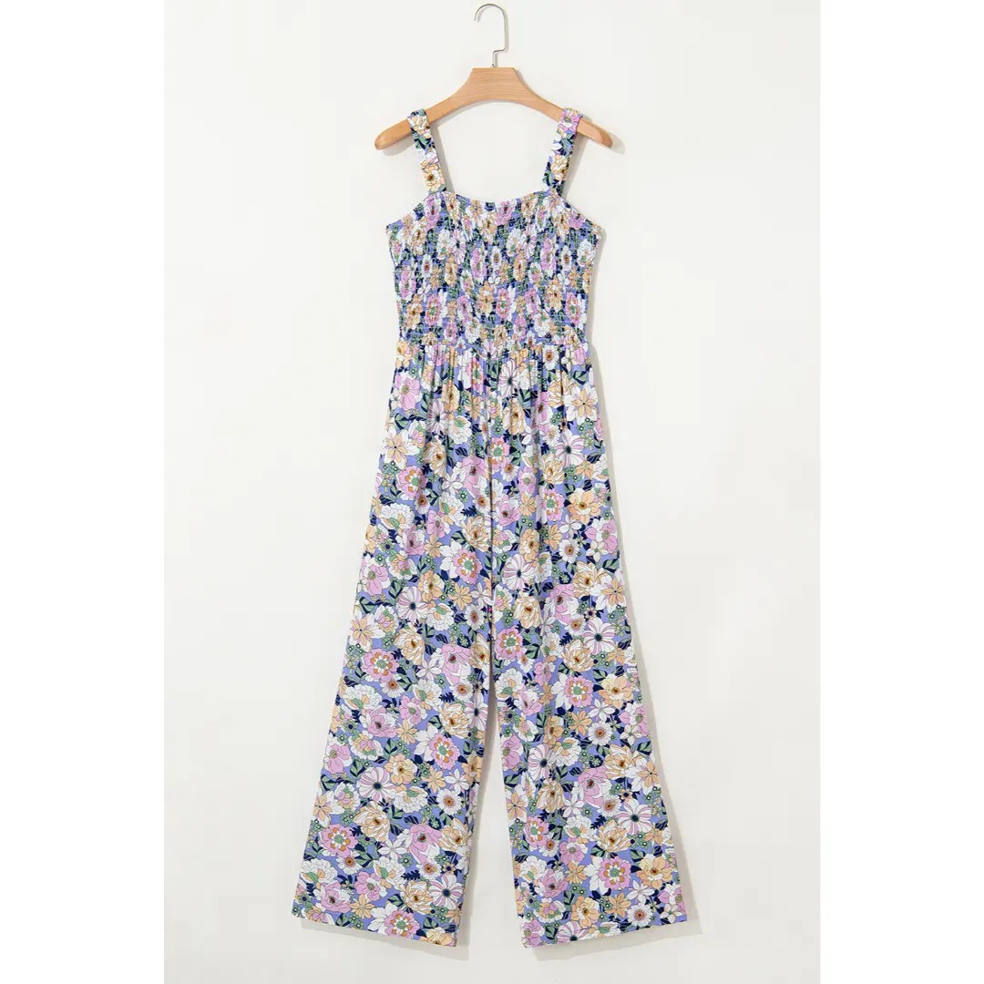 Women's Casual Loose Overalls Jumpsuits One Piece Sleeveless Printed Wide Leg Long Pant Rompers