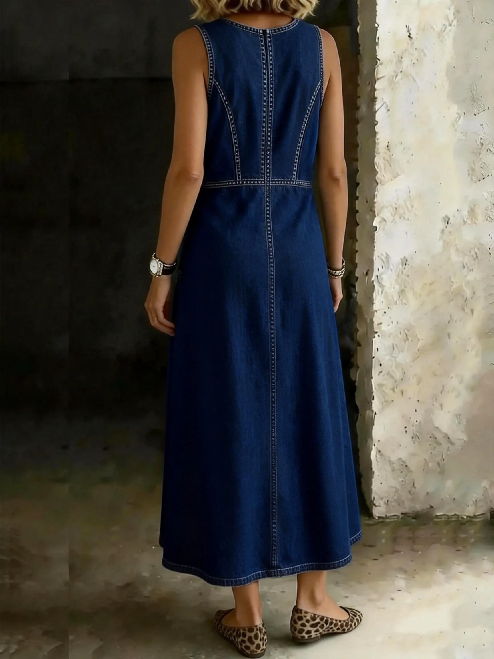 Women's Retro Round Neck Sleeveless Casual Loose Denim Vest Dress