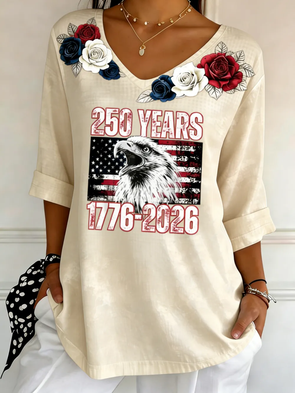 250 Years 1776-2026 Eagle Rose V-Neck Top