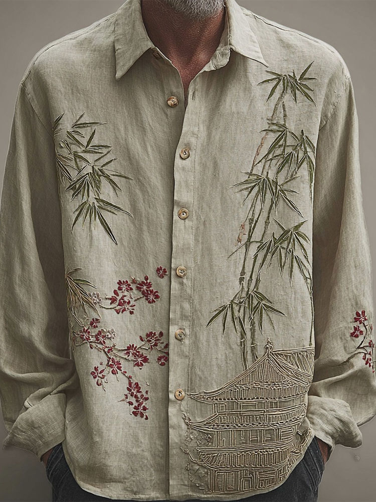 Men's Vintage Japanese Style Bamboo Art Cozy Linen Blouse