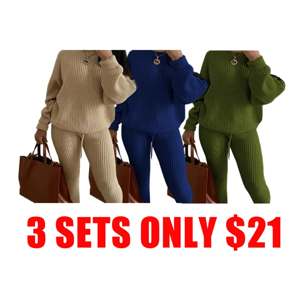 Women’s Cozy Knit Two-Piece Set – Drop Shoulder Sweater & Drawstring Pants