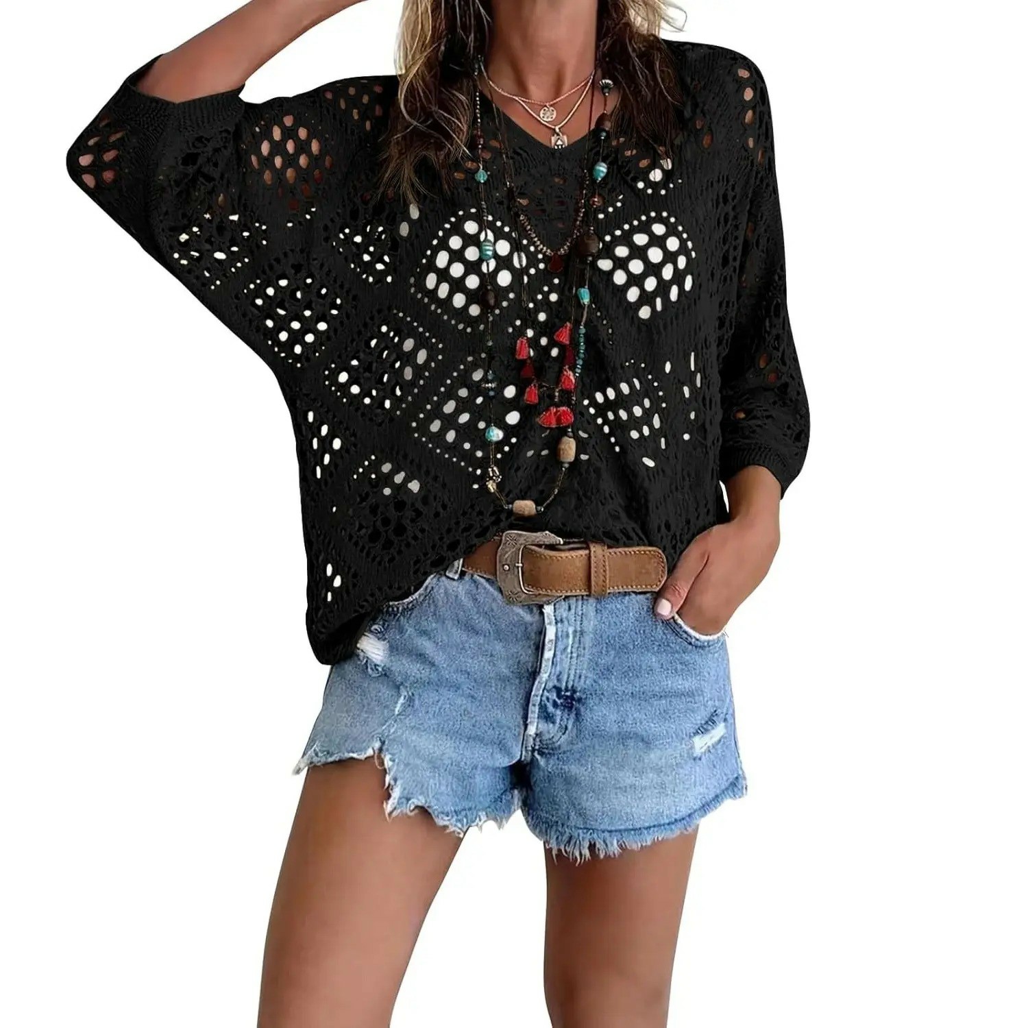 🔥【Stock Up Deals】Women's Bohemian-Inspired Beige Crochet Top with V-Neck