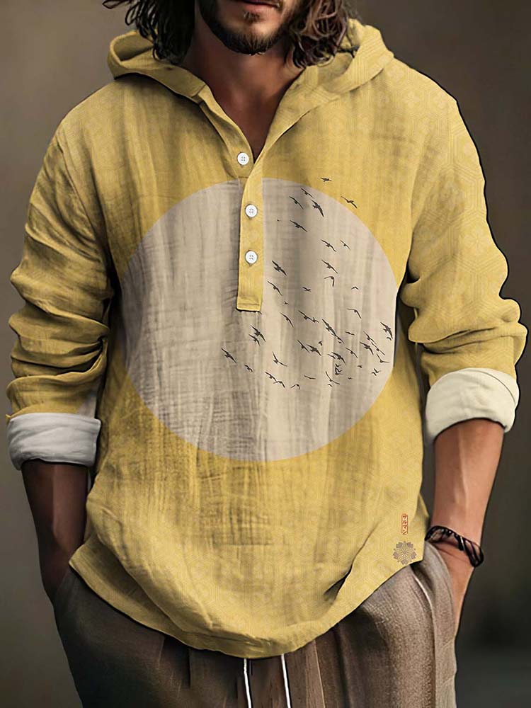 Men's Japanese Ukiyo-E Flying Birds Hokusai Sashiko Art Linen Blend Hooded Shirt
