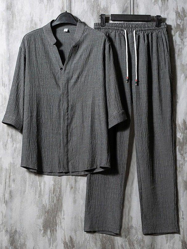 Vintage Linen Solid V-neck Half Sleeves Shirt And Pants Two-piece Set