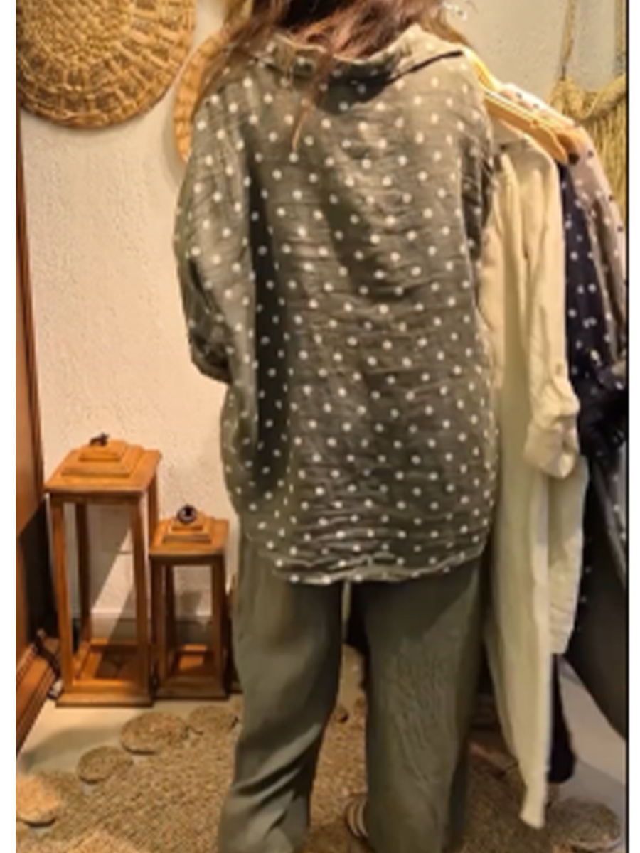 Casual Polka Dot Linen And Cotton Shirt And Trousers Two-piece Set