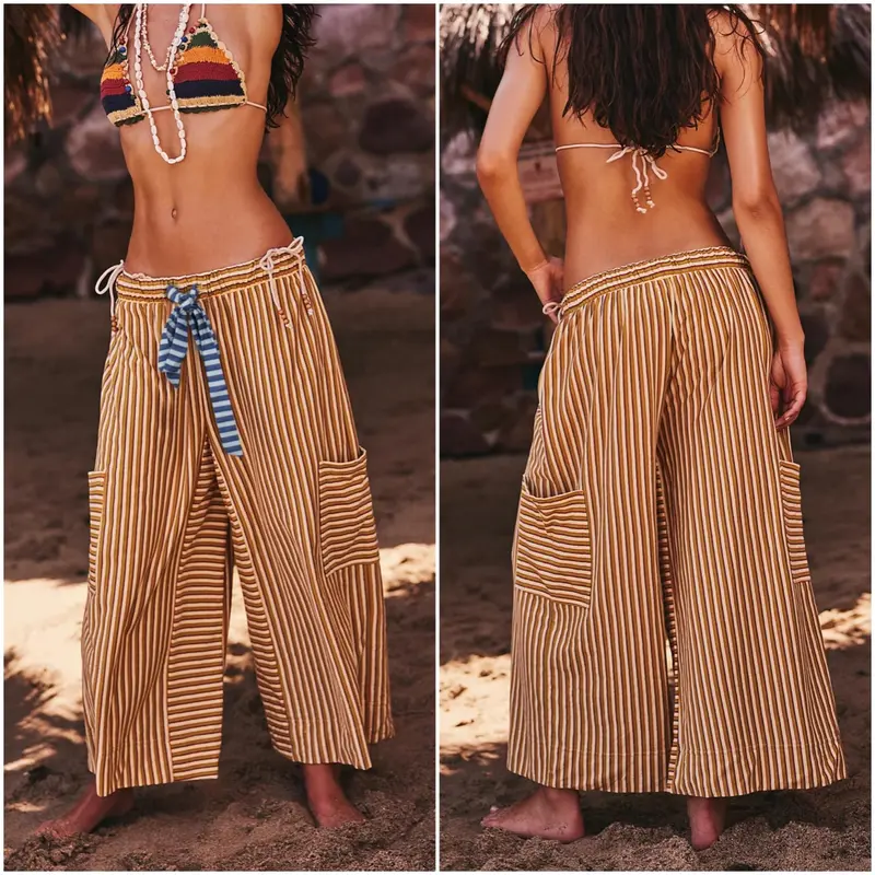 Women Drawstring Striped Pants Loose Wide Leg Lounge Pants Casual Palazzo Pants Trousers with Pockets Bottom Oversize