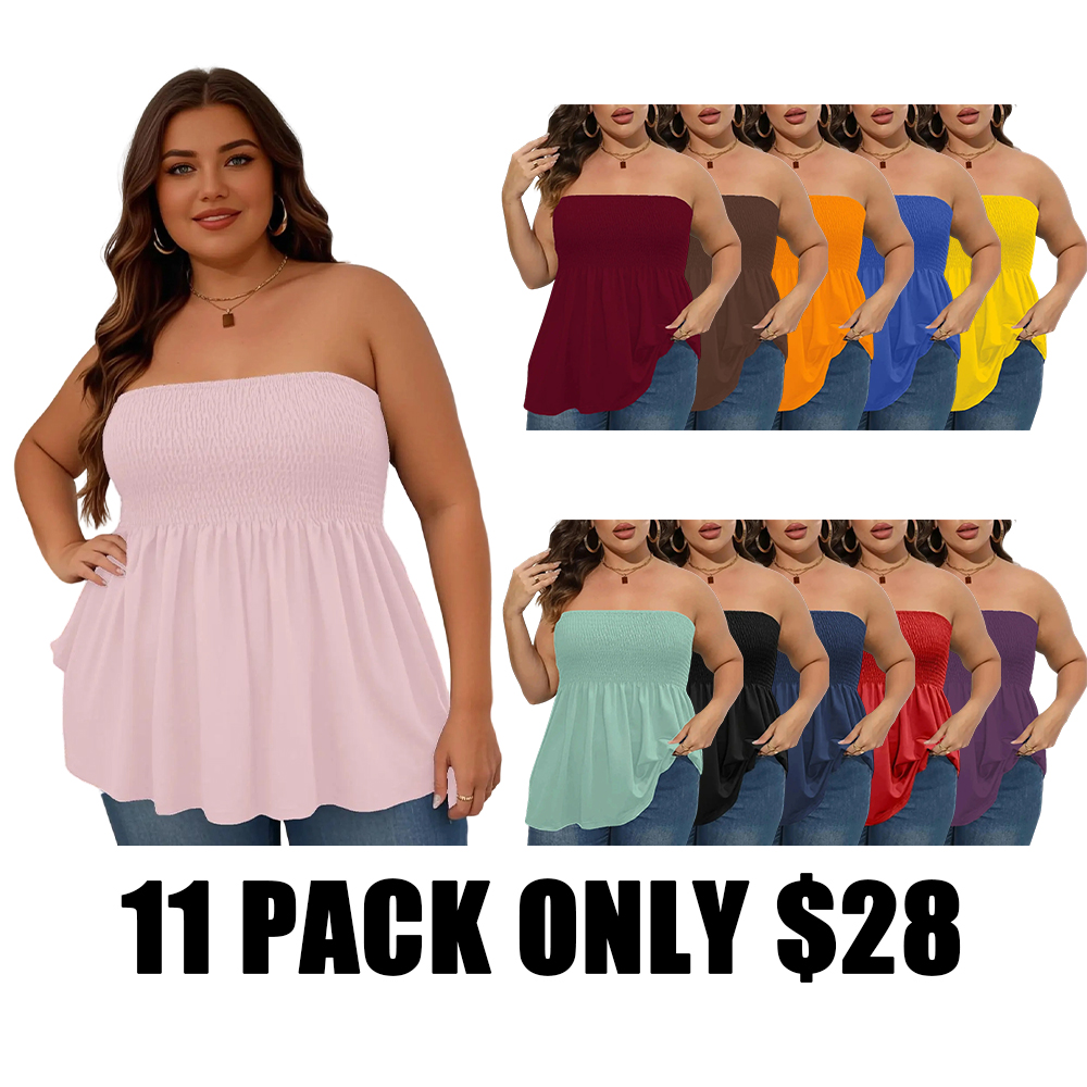 Women's n Strapless Top Plus Size Solid Ruffle Hem Shirred Tube Top